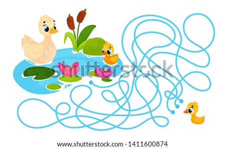 Vector cartoon duck and duckling in children's style. Vector illustrations for children books. Labyrinth. Educational game for children. 