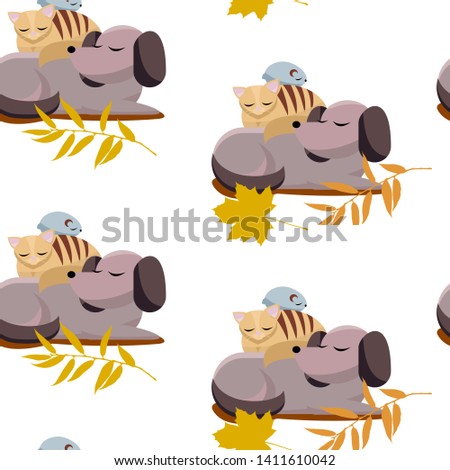 Autumn Seamless flat cartoon Pattern cat, chinchilla sleeps on dog. Sweet dreams of furry best friends sleeping dog, cat, chinchilla with yellow leaves on white background. illustration