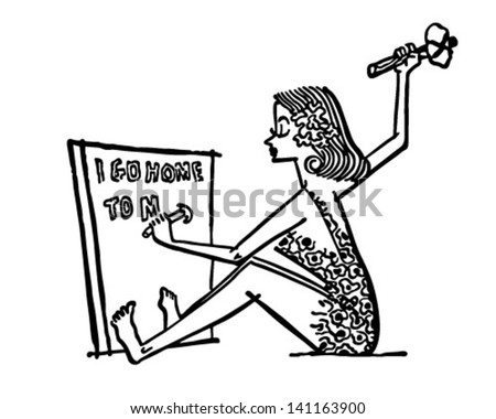 Cave Woman Writing Memo - Retro Clip Art Illustration