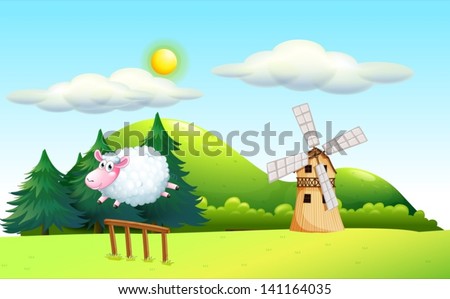 Illustration of a sheep jumping at the fence with a windmill at the back