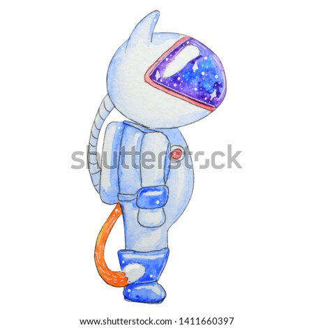 Hand painted watercolor space elements. Cat-astronaut isolated on white background.  Perfect for card, decor and invitation, children design 