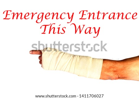 Human Arm in Cast. A human arm and hand wrapped in bandages with finger pointing. Room for text. Isolated on white.
Emergency and Health Care or Insurance Claim concept. 