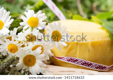 bouquet of daisies and cheese with fern and ribbon. symbolism of Latvia for Ligo holiday