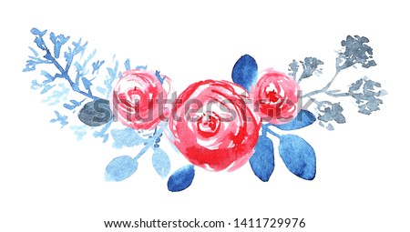 Floral bouquet with roses, branches. Blue, pink shades. Loose watercolor.