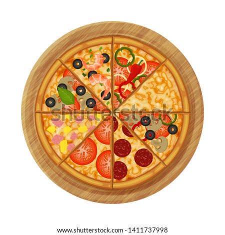 pizza with different ingredients on wood plate. Object for packaging, advertisements, menu. Isolated on white. Vector illustration. Cartoon.