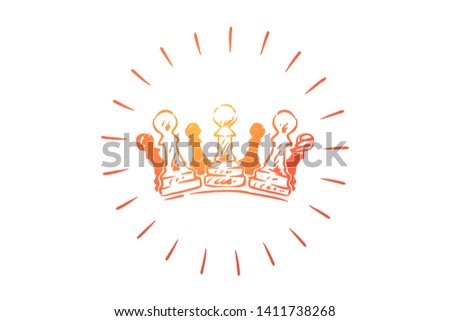 Chess king, queen metaphor, crown made of chess figures. Royal power, monarchy symbol, winner, victory in sophisticated game, leadership, achievement concept sketch. Hand drawn vector illustration