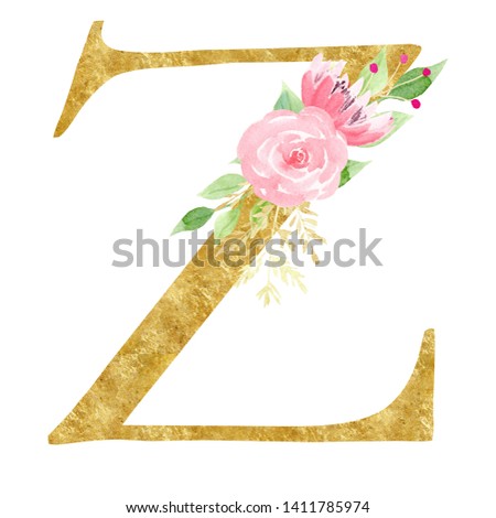 Capital Z symbol with flowers raster illustration. Cardboard latin alphabet letter watercolor painting. Consonant with golden texture. Lettering with rose and lotus isolated on white background