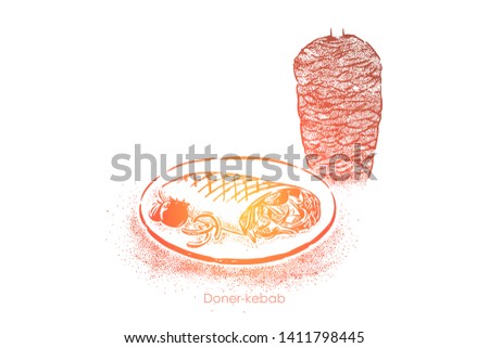 Delicious shawarma, doner kebab, traditional sandwich, meat wrapped in durum grilled on rotisserie. Unhealthy turkish fastfood, street food concept sketch. Hand drawn vector illustration