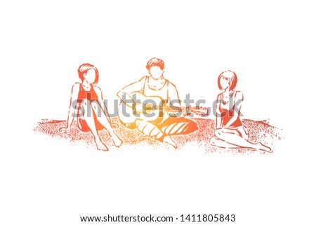 Sitting on beach with friends, young man playing guitar, fun summertime evening activity, chilling on picnic. Summer vacation, guy with two girlfriends concept sketch. Hand drawn vector illustration