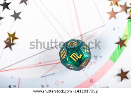 Astrology Dice with zodiac symbol of Scorpio Oct 23 - Nov 21 on Natal Chart Background