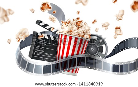 Realistic cinema advertising poster. Popcorn bucket, clapperboard, movie tape and reel, flying popcorn in motion. Film production banner. Movie premiere show announcement design. Royalty-Free Stock Photo #1411840919