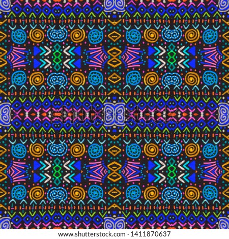 Ethnic embroidery. Seamless aztec pattern. Simple design. Textile ornament. Tribal texture. Vintage style. Folk design. Boho fashion. Black, cyan, pink, green, gold ethnic embroidery.