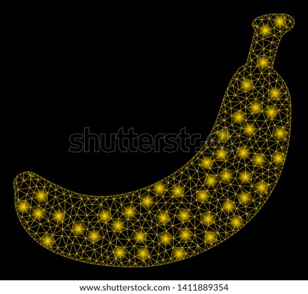 Bright mesh banana with glare effect. Abstract illuminated model of banana icon. Shiny wire carcass triangular mesh banana abstraction in vector format on a black background.