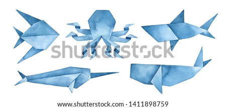Navy blue origami collection of undersea animals: whale, shark, octopus, abstract fish and narwhal. Hand drawn watercolour graphic painting on white background, cutout clip art elements for design.
