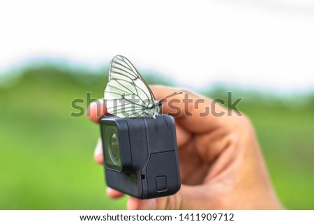 Black 4K action camera, with butterfly.