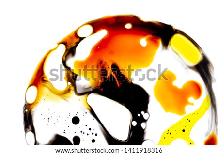 Macro photo of yellow oil and ink paint. Creative liquid shapes background. Small bubbles and circles. Artistic abstract texture isolated on white. Minimal style. Art for posters, banners, design