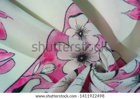 Texture, background, pattern, collection, silk fabric, women's scarf, white cream with pink shades, blue "cornflower" edging. We are sure that you have found your fabric for your exquisite projects.