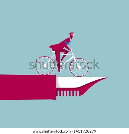 Businessman riding a bicycle on the pen. The background is blue.