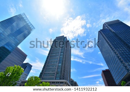 Japanese buildings and blue sky.