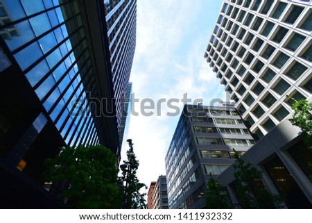 Japanese buildings and blue sky.