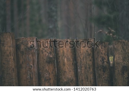 old wooden trenshes in Latvia with barbed wire and guard posts. reconstruction of first world war. Lozmetejkalns. dark forest evening - vintage retro look