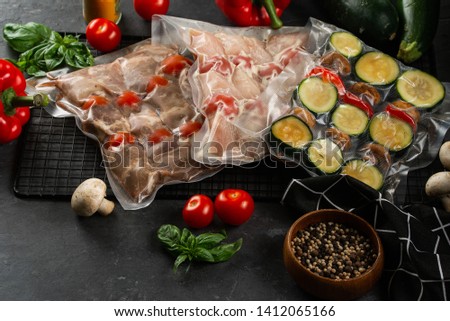 raw for Grilled meat skewers on wooden board with vegetable salad– stock image