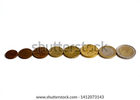 row of euro coins of different values on a white background