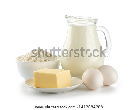 Organic dairy products isolated on a white background Royalty-Free Stock Photo #1412084288