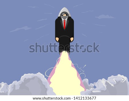 Rocket ship in a business suit. Space rocket launch with trendy flat style fluel. Project start up and development process.Innovation product, creative idea. Management. Vector illustration. Flat desi