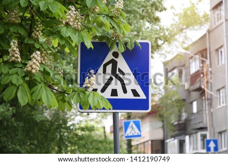 Road sign crosswalk. Residential part of the city where many pedestrians.