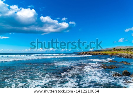 View of waves in the Pacific Ocean at Easter Island in Chile