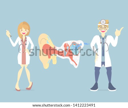 male and female doctor with ear, internal organs anatomy body part nervous system, vector illustration cartoon flat character design clip art