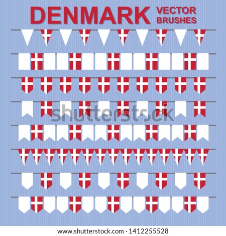 Set of vector pattern brushes on striped background. Outer, inner corners and start, end tiles included. Garland of danish flags. Denmark. Red, white.