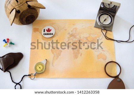 Travel set for tourist with hat, photo camera, Animal Shell, Backgrounds