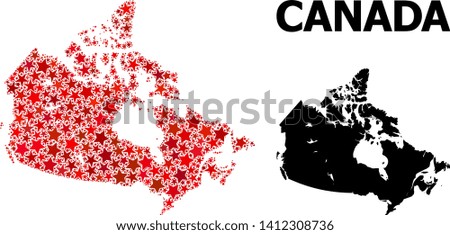 Red star mosaic and solid map of Canada. Vector geographic map of Canada in red color tones. Abstract mosaic is constructed with randomized flat star parts.