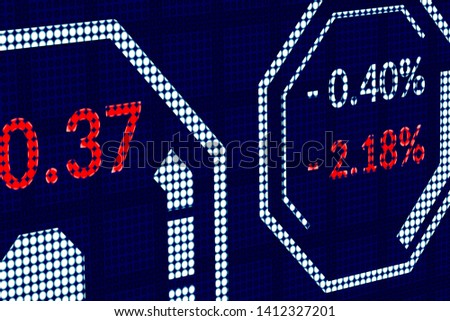 Stock market indexes or forex trade data on pixels screen. Perspective view of display monitor or information table with graphs, charts, indexes, diagrams and symbols. Close up macro business concept