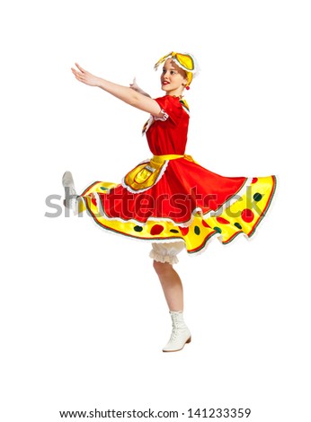 Girl dances in national russian dresses on white background.