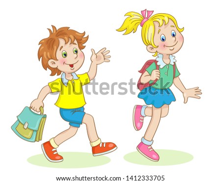 Little cute girl and funny boy run to school with briefcases.  In cartoon style. Isolated on white background.