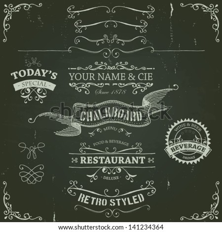 Hand Drawn Banners And Ribbons On Chalkboard/ Illustration of a set of hand drawn sketched banners, ribbons for food, restaurant and beverage design elements on chalkboard background