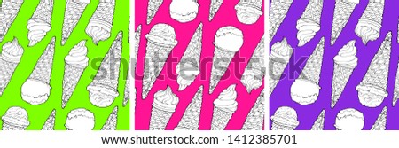 Set of vector seamless patterns. Endless textures with hand drawn ice creams in waffle cones. Textures with ice creams isolated on pink, green, and purple background.