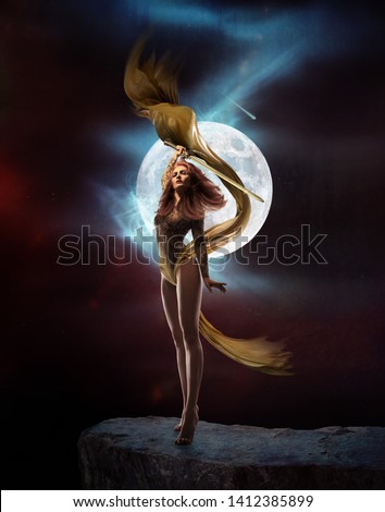 Beautiful fantasy woman, warrior witch, fairytale magic background