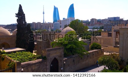 amazing view from "içeriseher" the old city of Baku capital of Azerbaijan nicknamed "Dubai of the east"  showing the palace of shirvanshahs and the epic flame towers 
