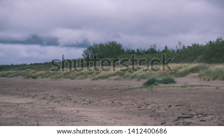 dirty beach by the sea with storm clouds above in calm evening - vintage old film look