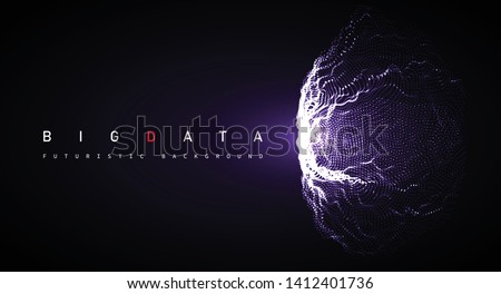 Big Data. Abstract vector digital sphere explosion background. 3D planet mesh with glowing particles. Futuristic hi-tech layout for software presentation. Technology design for science business.