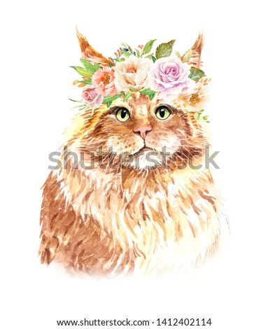Portrait cat. Watercolor hand drawn illustration.Watercolor cat with flower crown layer path, clipping path isolated on white background.