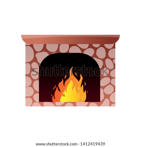 Red stone fireplace with burning hot fire in mountain