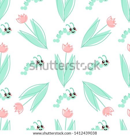 Vector cartoon background. Seamless pattern with flowers and insects, tulips and caterpillars. Children’s book style. Perfect for kids room wallpaper, cotton, textile. Pastel colors