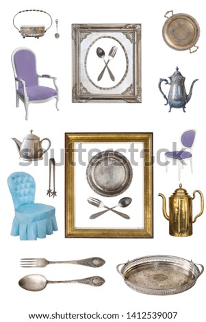 Set of beautiful antique items, picture frames, furniture, dishes. Retro. Vintage. Isolated on white background.
