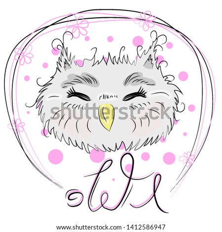 Cute owl face in a floral frame with a bow, owl, design, trendy, gray, pink