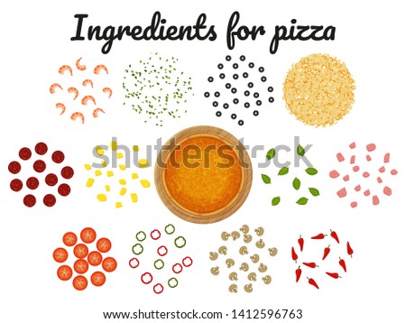 Pizza base and different ingredients. Object for packaging, advertisements, menu. Isolated on white. Vector illustration. Cartoon.